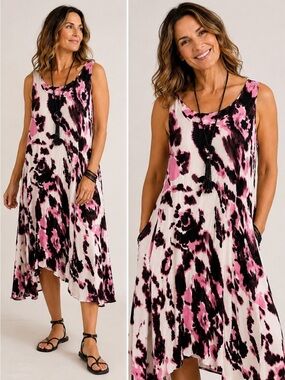 MASAI COPENHAGEN PINK WATERCOLOR ARTIST LAGENLOOK MIDI DRESS SZ L